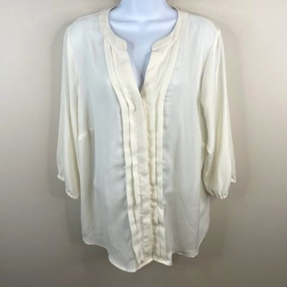 212 Collection Womens Pleated Button Up Top 1X Ivory 3/4 Sleeve Neutral Timeless